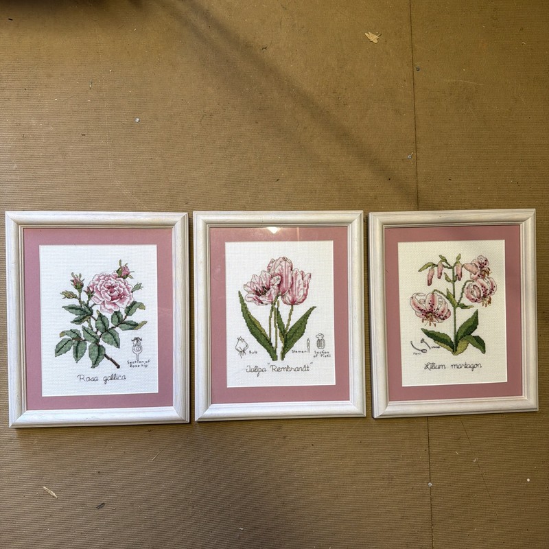 Set of 3 Framed Handmade Cross Stitch Needlepoint Floral Art Rose Tulip Lily