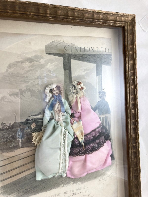 Antique Victorian French Fashion Shadow Box Paris Art Mixed Media Moniteur Mode