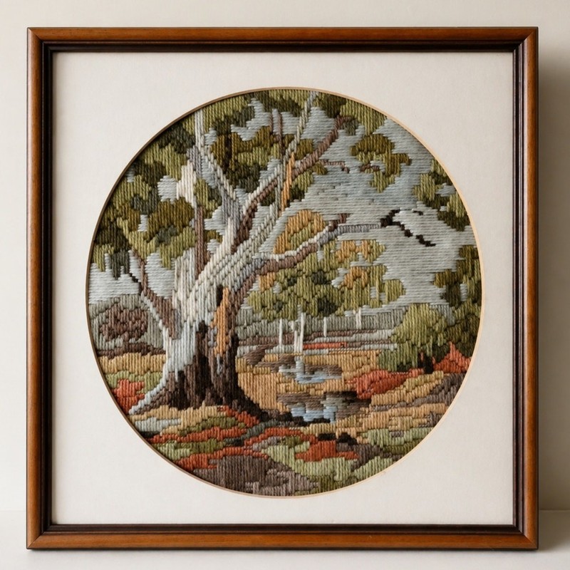 Vintage Framed Tapestry Embroidery Landscape Tree Scene Wall Decor gallery