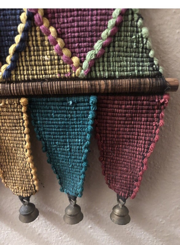Vintage Mid Century Tribal Folk Art - Woven Wall Hanging - Bronze Bells gallery