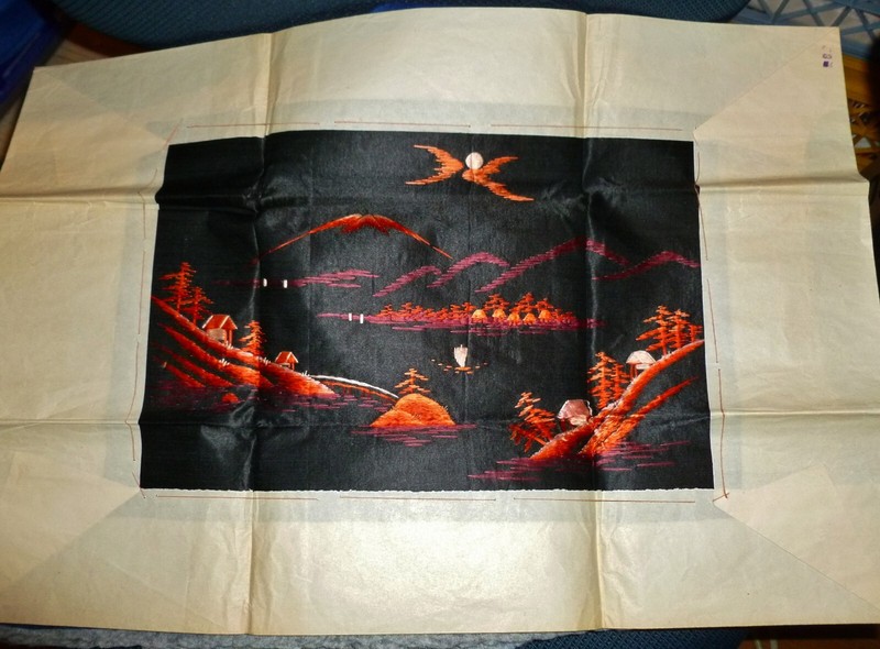ASIAN EMBROIDERY ON BLACK Orange, Purple & White NIGHT SCENE Mountains & Water