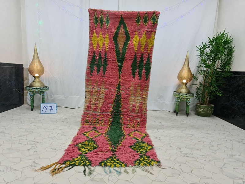 Vintage Moroccan Handmade Rug 2’9″x8’5″ Berber Geometric Pink Green Wool Rug