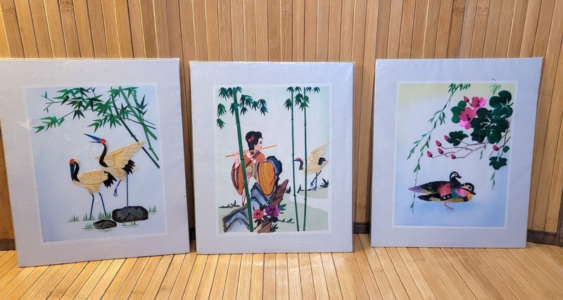 VTG Lot of 3 Hand Cut and Painted Wheat Stalk on Silk Birds Geisha Ducks Matted