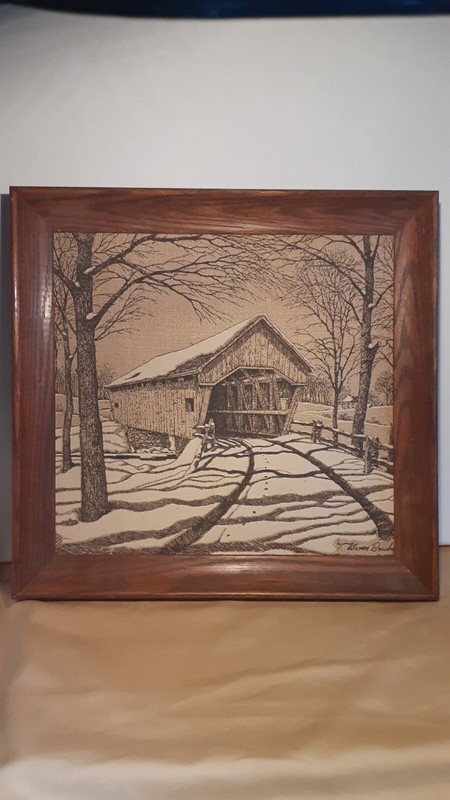 Warren Boucher New England Covered Bridges on Burlap in Oak Wood Frame Vintage