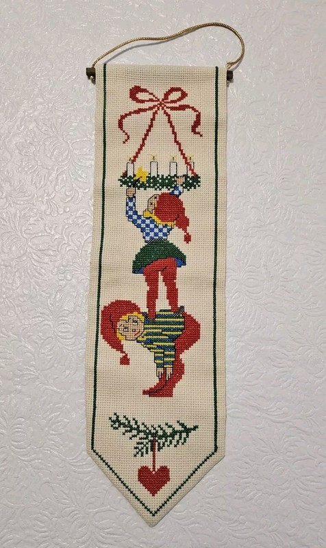 Vtg 60s MCM Christmas Wall Hanging Bellpull Stitchery Elves Cross Stitch