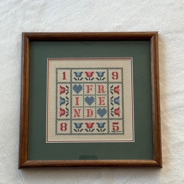VTG Framed Needlepoint Cross Stitch Friend 1985 floral Design Rustic Handmade
