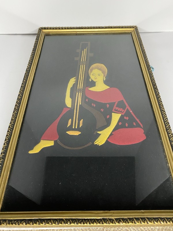 Velvet Collage Velvet appliqué Women Playing Sitar Art Vintage Indian Or Persian