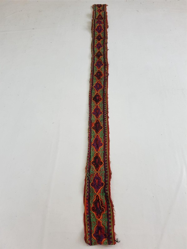 Vintage Hand-Embroidered Textile Trim – Intricate Multicolored Wool 129×6 Inches