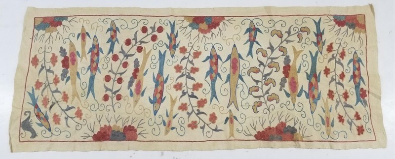 Vintage Uzbek Suzani Chain Stitch Embroidered Fish & Floral Textile Panel 130×52