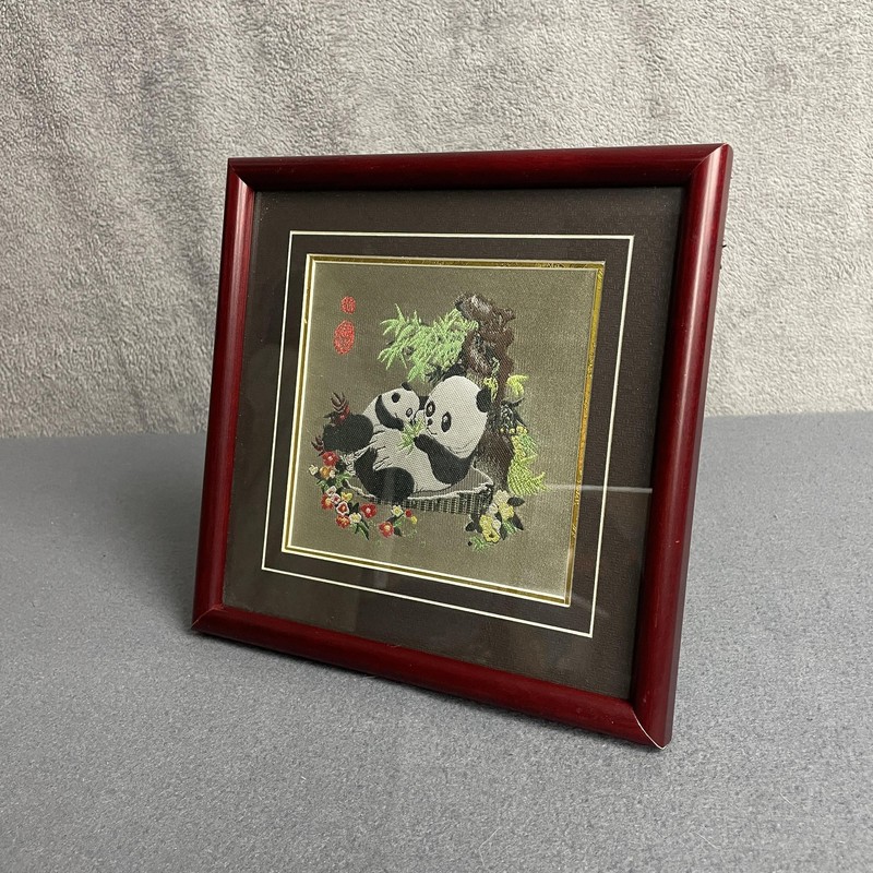 Chinese Silk Embroidery Panda Bears Framed Tapestry 9×9 Red Frame Art Animals