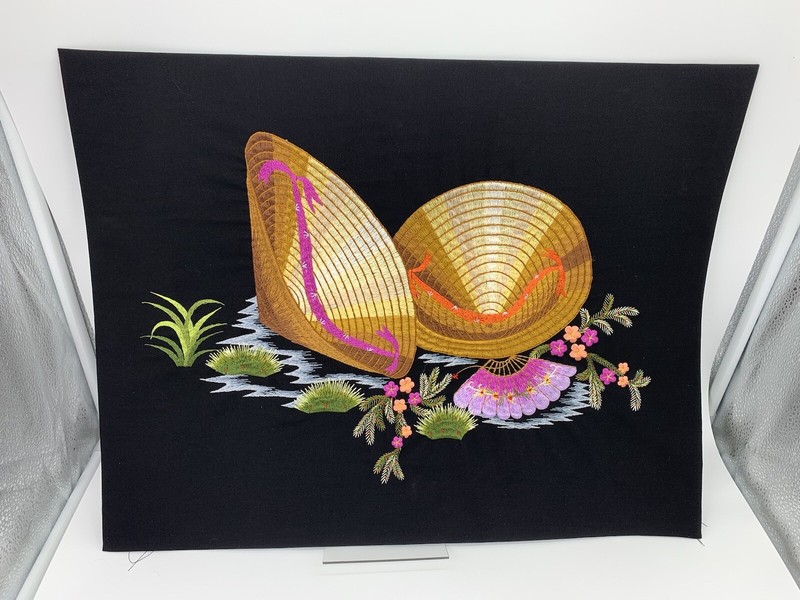 Vintage Large Embroidered Oriental Straw Hats Wall Art 17”x20” Black Tapestry