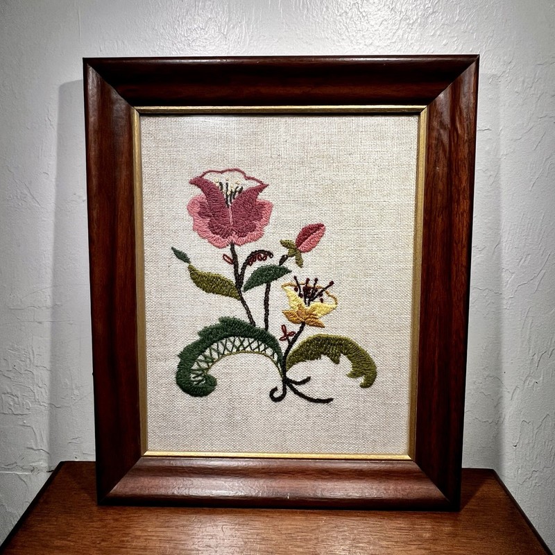 Vintage Floral Needlepoint Embroidery 10”x12”Framed Folk Art 70”s