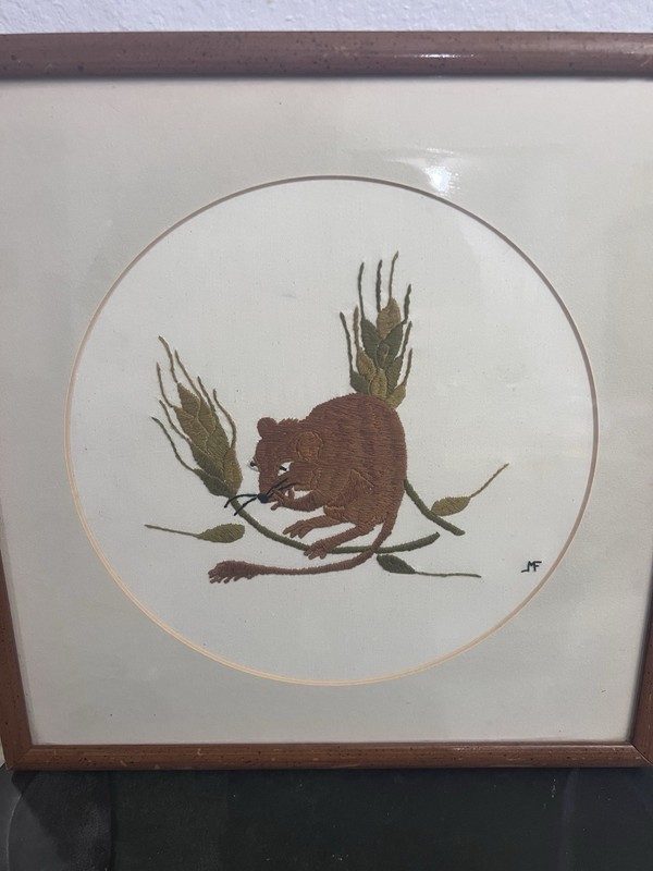 Handmade Framed Embroidery of Mouse & Wheat – Signed MF – 17×17