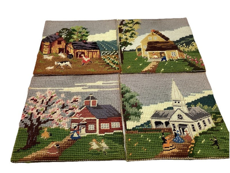 Vintage Set Of 4 Flower Garden Cottage Embroidered Hand Stitched 6” X 6” Each