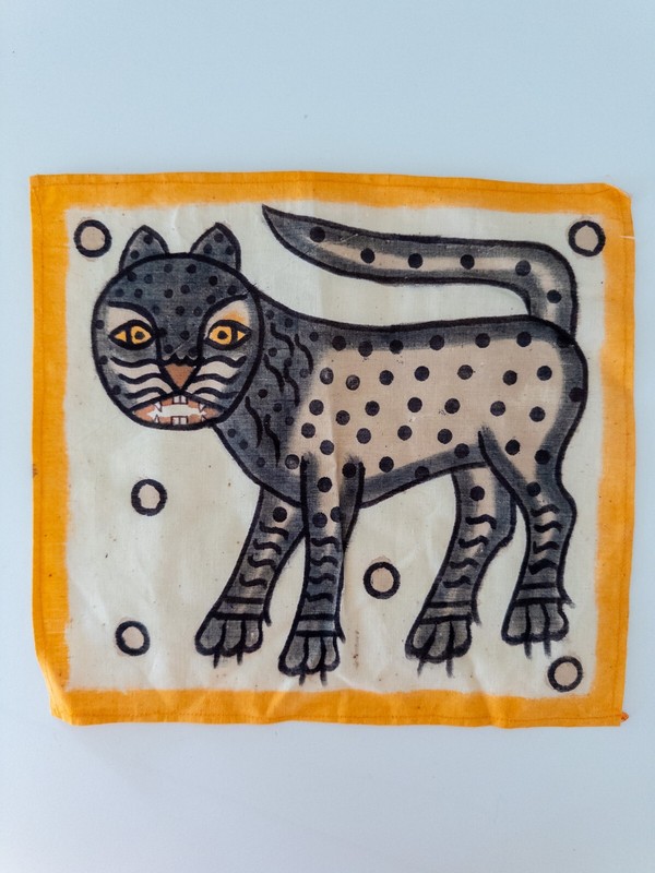 Vintage Handpainted Jharkhand East India Painted Black Leopard on Cotton Fabric