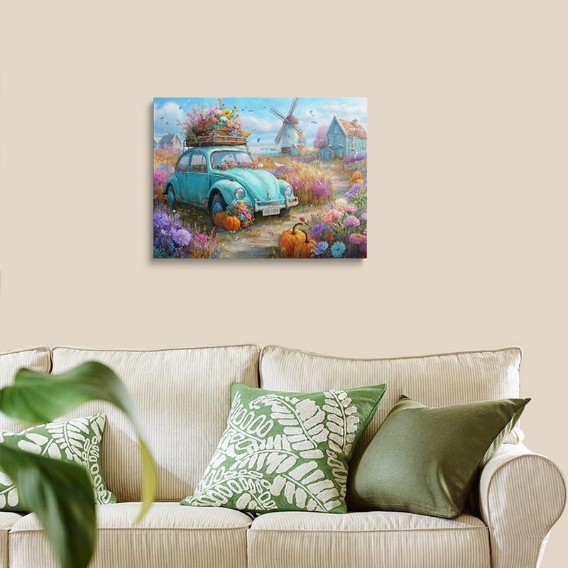 Vintage Floral Car Windmill Fall Picture Wall Decor Framed Retro Autumn Flowe... gallery