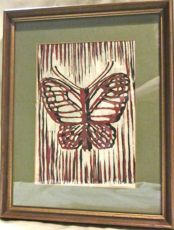 Vintage Framed Black & Rust Butterfly Block Print on Hand Made Paper , Signed