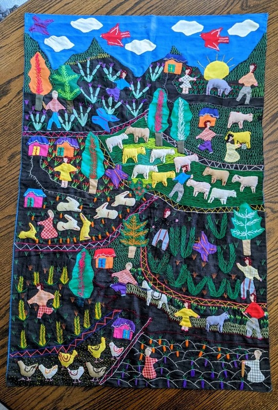 South America Folk Art 35″ Handmade 3D Sewn Textile Tapestry Farm Cows Rabbits