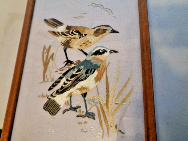 Vintage Embroidery Birds Art Picture on Textile Framed 15.5x8.5 c1970s Used gallery