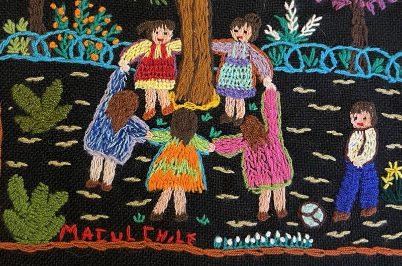 Vintage Chilean Folk Art Arpillera Embroidery Wall Hanging Children Andes 13x13 gallery