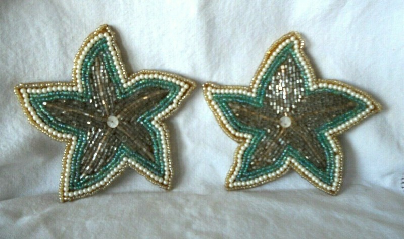 VINTAGE ? INDIAN Made ? FLOWERS / Stars 5 1/4″ APPLIQUE SEED BEAD WORK Sequins