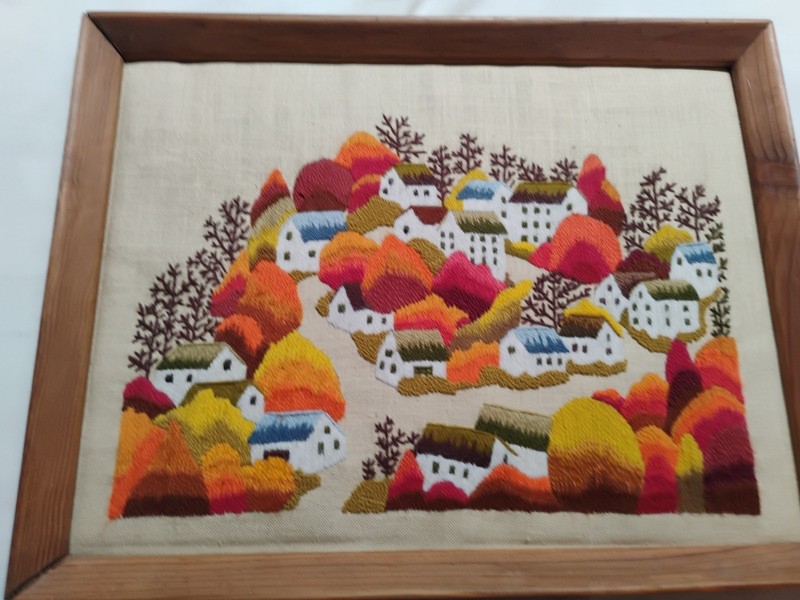 Autumn Village Houses Satin Stitch Landscape Multicolored Orange Green White VTG gallery