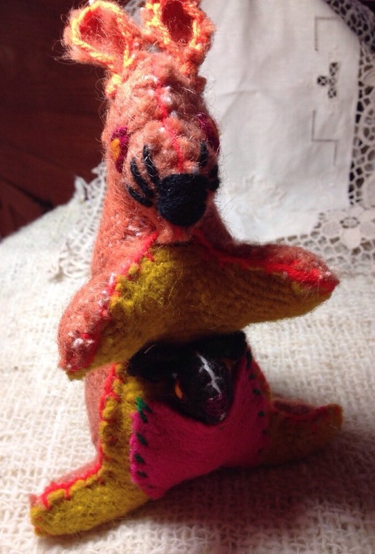 Kangaroo Hand Sewn Folk Art OOAK Woven Fabric With Joey Attached not a toy