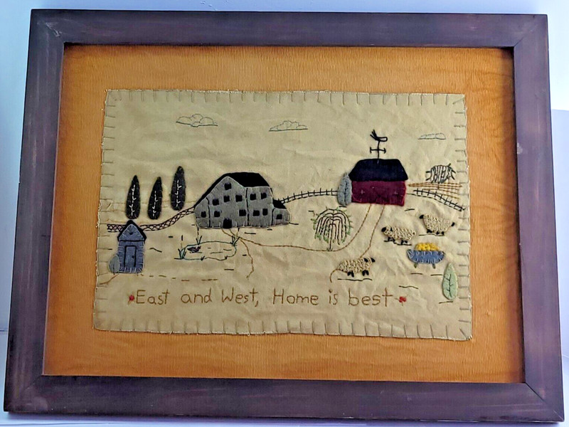 Vintage Needlework East West Home is Best Primitive Sampler Framed Hand Stitched