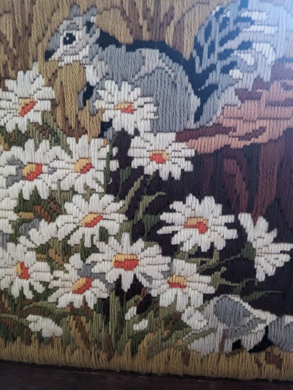 Vintage Yarn Crewel Art Squirrel/ Tree/Daisies Framed 70s/80s~ 16"x12" VGUC gallery