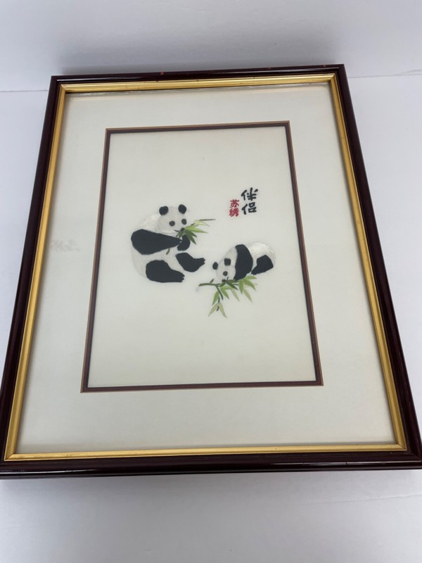 Vtg Chinese Hand Embroidered Panda Bears On Silk Eating Bamboo Signed Framed Art gallery
