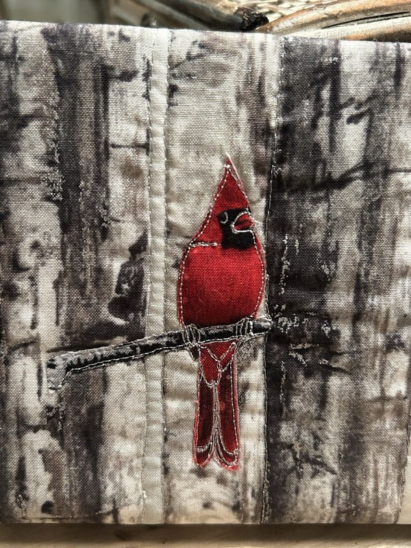 Cardinal Birch Forest Fabric Art 5x7 Mixed Media Signed JAS Canvas Wall Hanging gallery