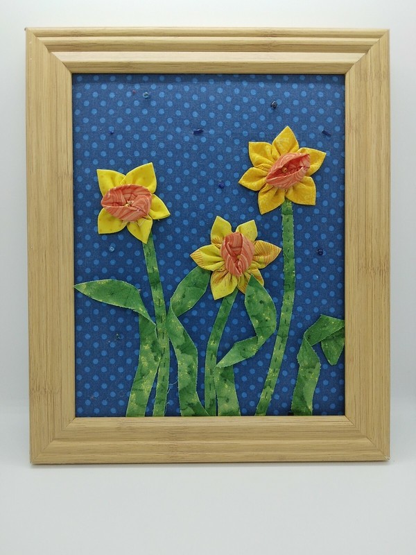 Hand Crafted Fabric Daffodils Framed Picture 10"x12"