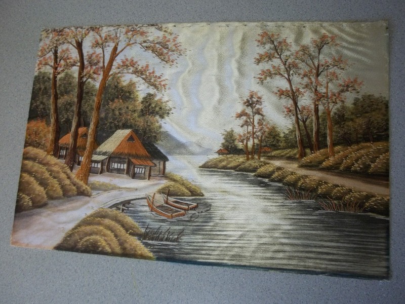 Embroidery art Boats and huts scene antique embroidered print