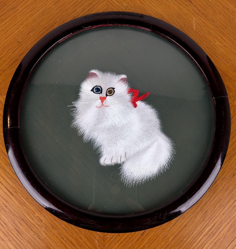 Double Sided Silk Embroidery White Cat Picture 8" Handmade Chinese Art Gift gallery