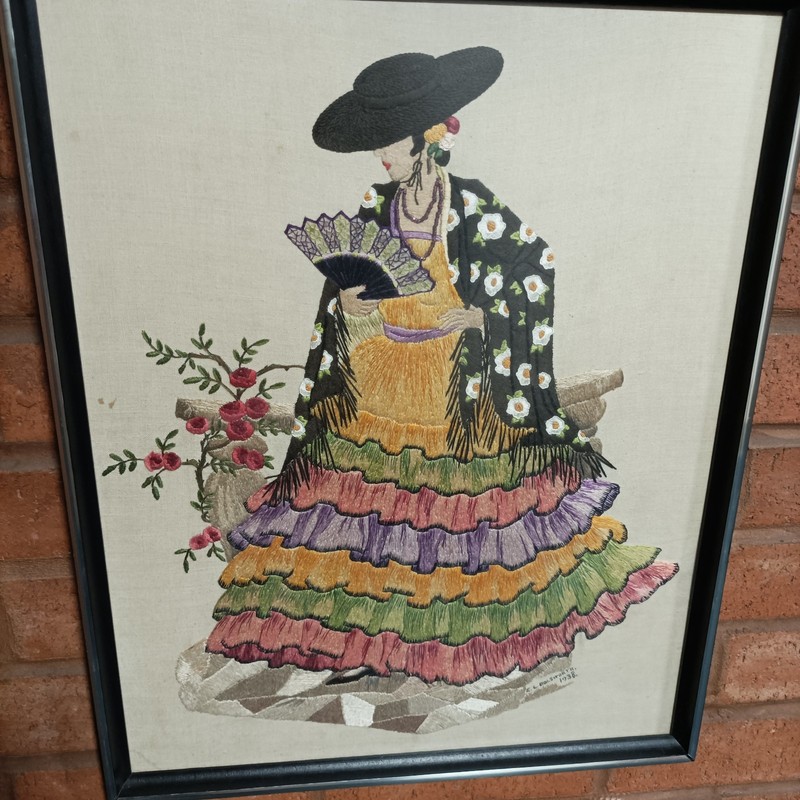 Large framed embroidered Tapestry picture of Spanish flamenco dancer Signed 1938 gallery