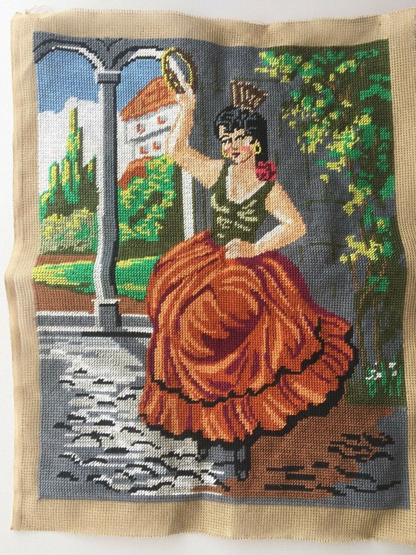 Vtg Goblen Art Sewn Tapestry Fairy Goddess 13×17″ Fiber Art Thread Painting OOAK