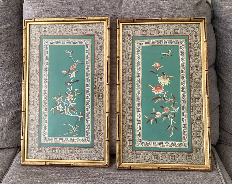Vtg Japanese Silk Embroidered Art Framed Birds & Flowers Handmade Tapestry Set