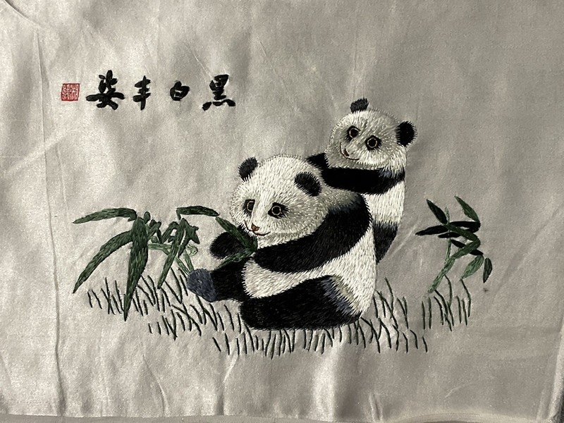 Satin floss on silk hand embroidered pandas Asian finished Piece