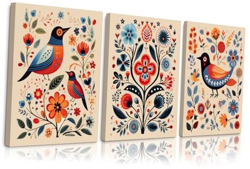Scandinavian Folk Wall Art 16×24 Inch Wrapped Canvas Colorful Flower Prints Art