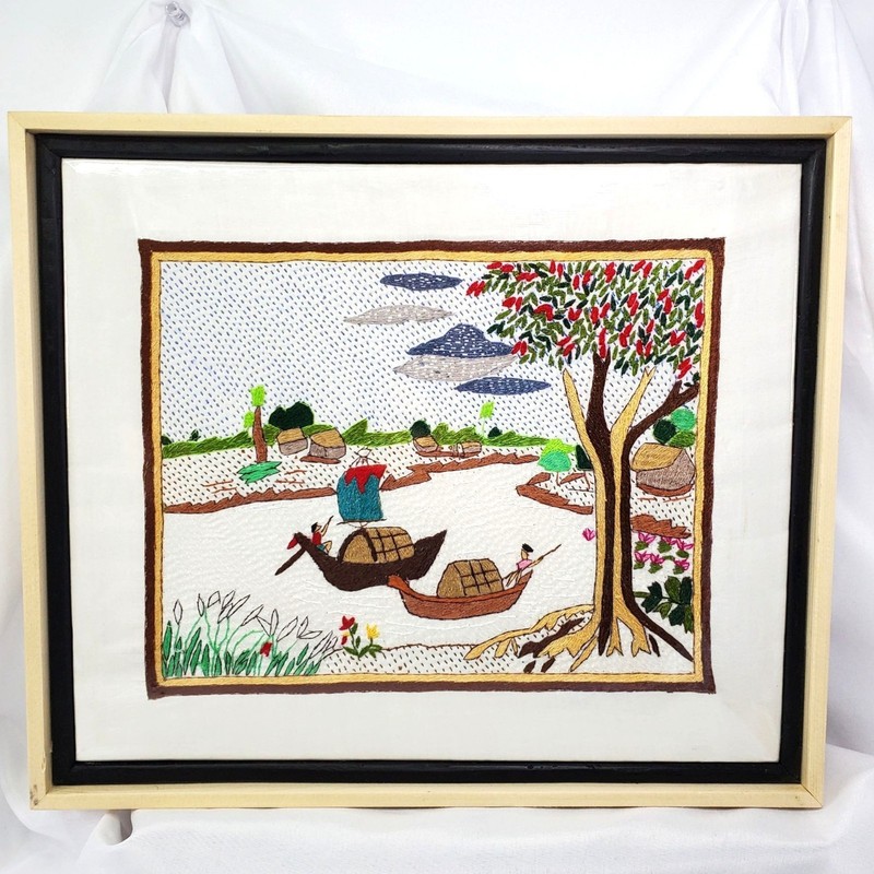 Aarong Framed Embroidered Folk Art Of Boats & Landscapes Bangladesh 14.5″x12.25″