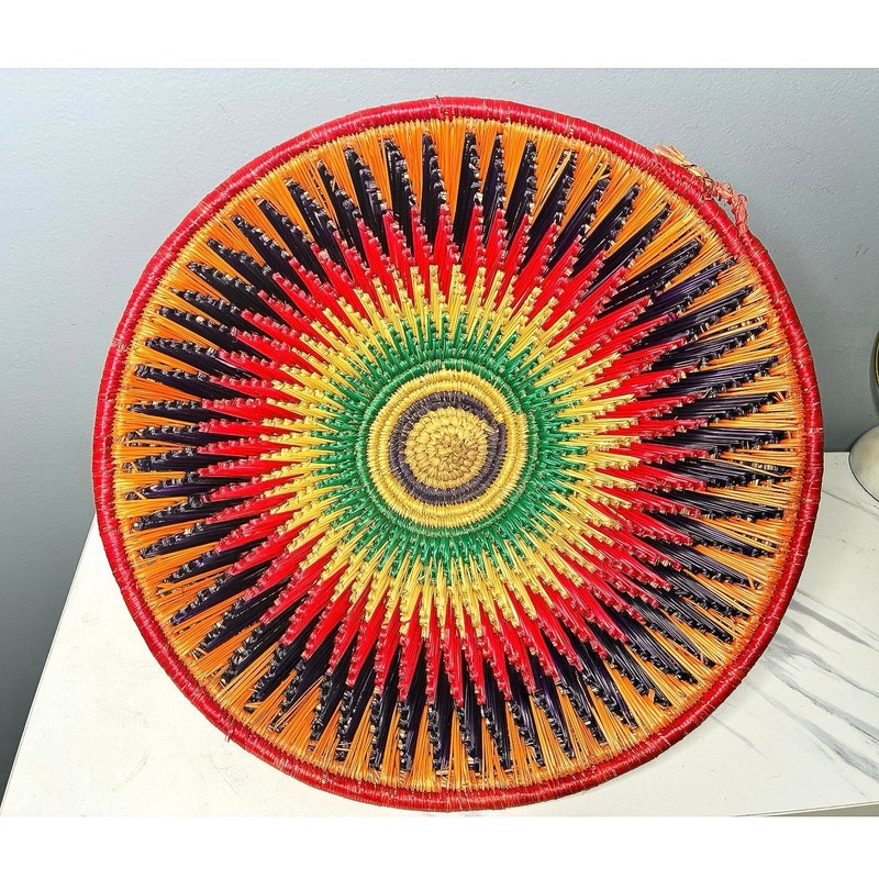 Handwoven African Lidded Basket Top Sunburst Pattern