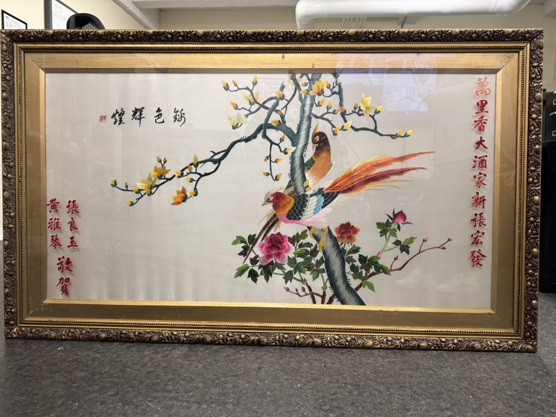 Chinese Silk Embroidered Framed Tapestry Birds Flowers Tree Textile Art