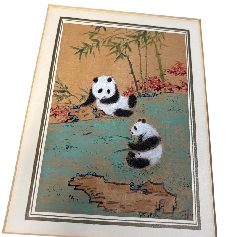 Vintage Panda Bear Painting Bamboo Original Art Signed Matted Asian Silk 8x10 gallery