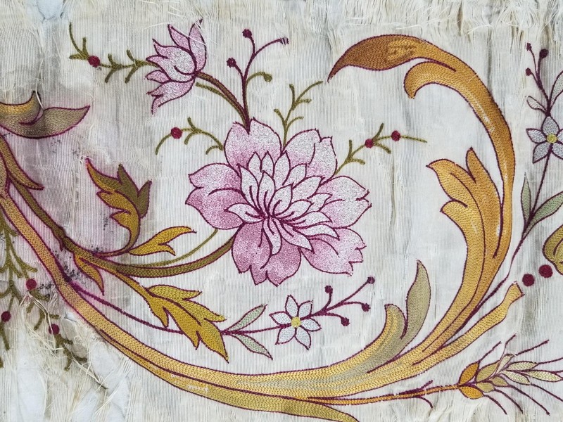 Antique French Hand Embroidered Floral Panel with Metallic Lace 118x26cm gallery