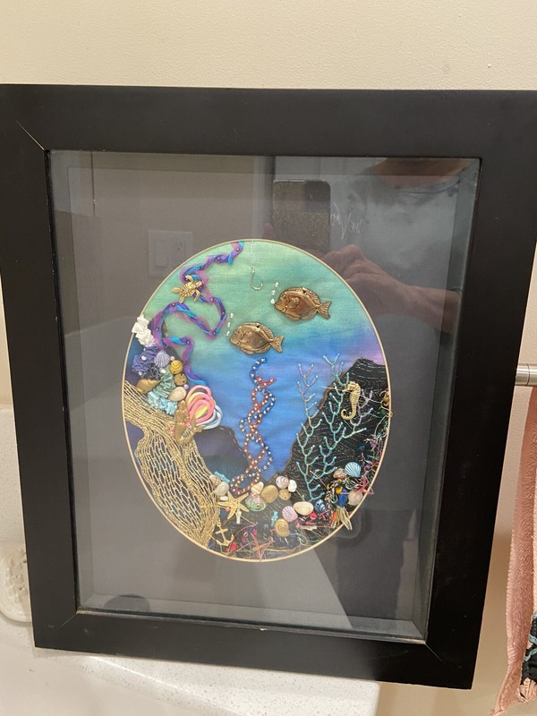 Matted/Framed 16.5x14.5x1 Handmade embellished Oceanscape embroidery Art Picture gallery