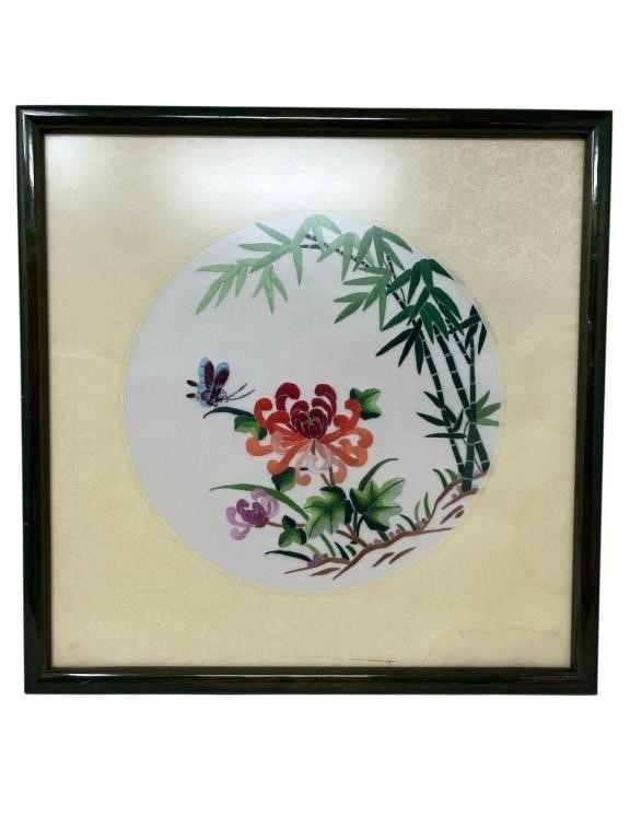 Asian embroidered silk framed floral butterfly art 13″ x 13″