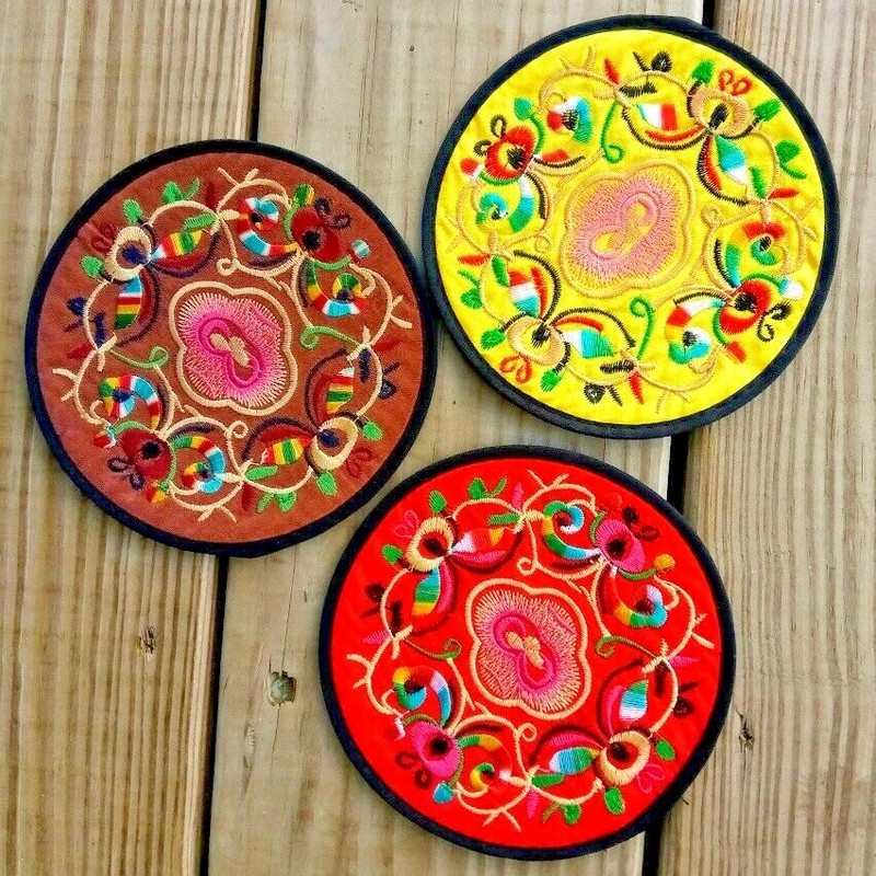 Embroidered Coasters Patches Sturdy Textile Art Ethnic Floral Frameable Circles gallery