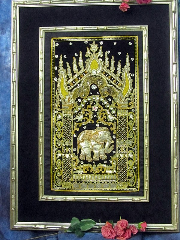 Elephant Art wall hanging Framed Beadwork Handmade on black Velvet Vintage 31x42
