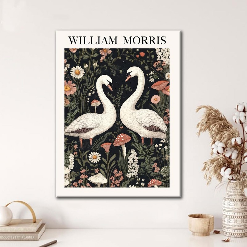 William Morris Style Swan Canvas Wall Art Vintage Floral Couple Swan Botanica... gallery