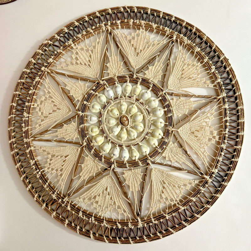 VTG African-Style Wicker Rattan & Courie Shell Mandala Boho Wall Hanging 13.5″